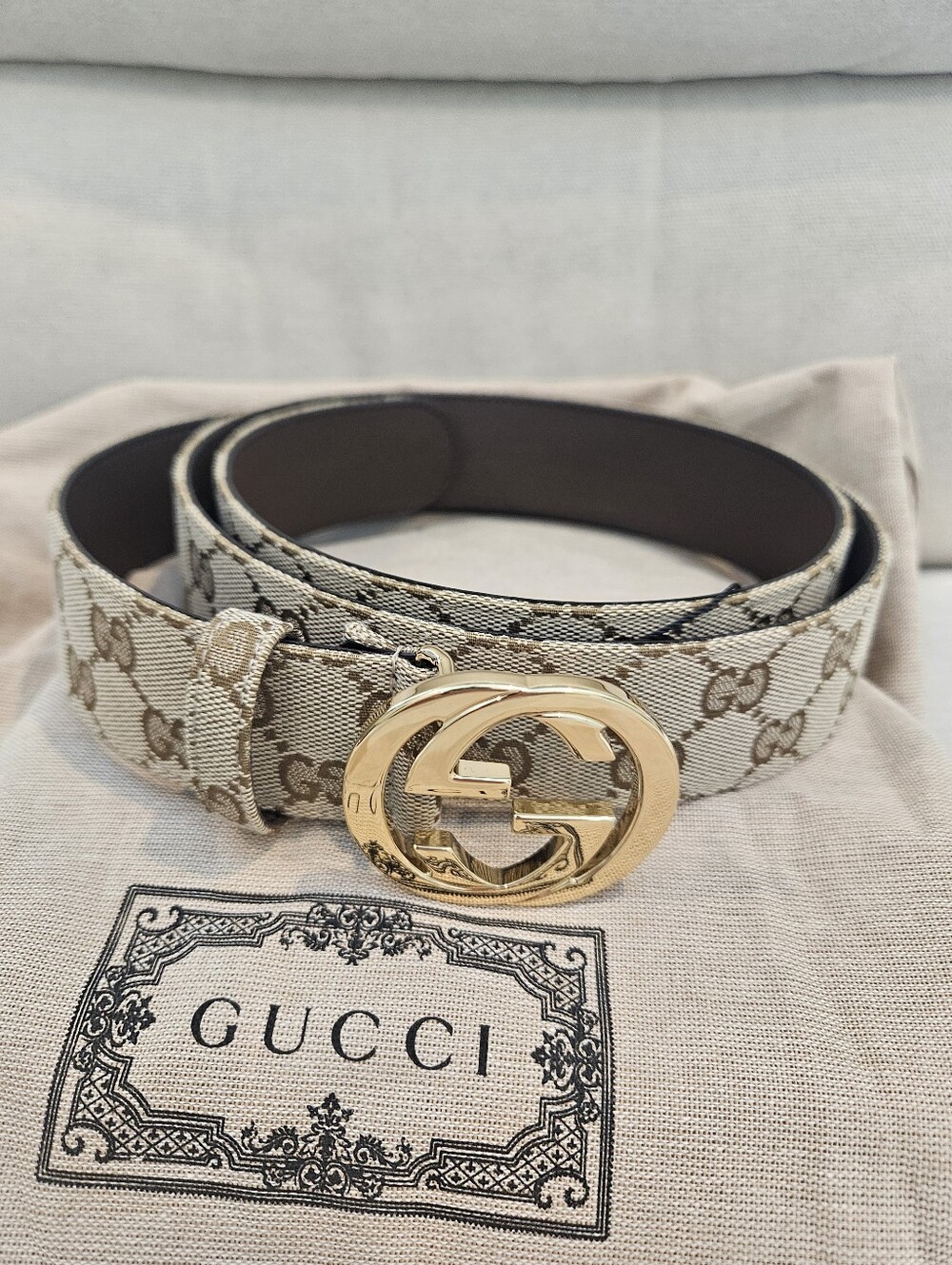 Authentic Gucci Brown GG Supreme Gold Interlocking G Buckle Belt Size 115